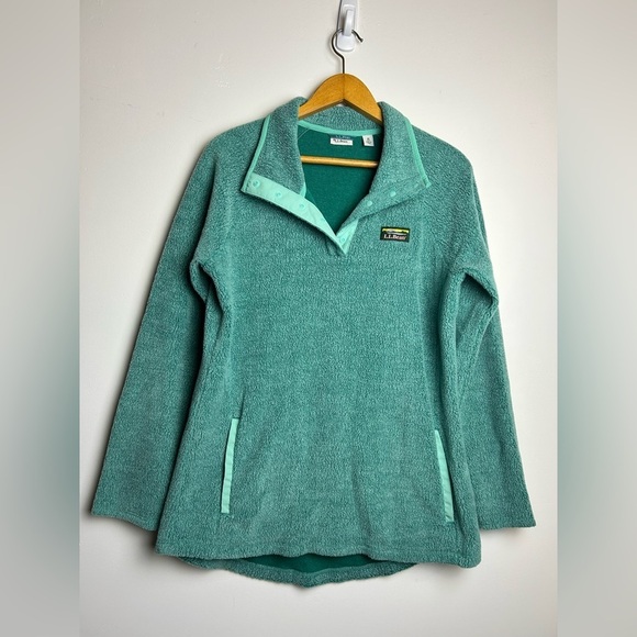 L.L. Bean Jacket Women M Snap up Pullover Fleece Green Warm winter green Cozy - Picture 1 of 13